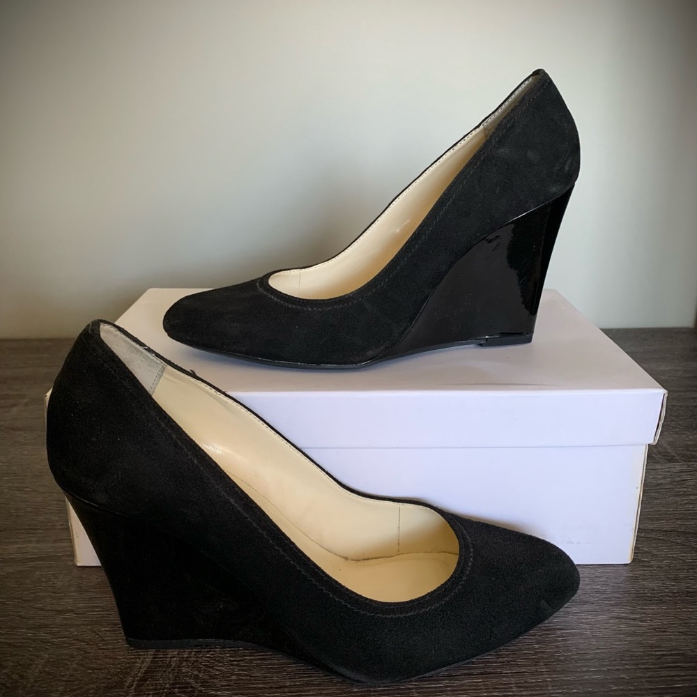 Max Studio black suede wedge 3.75” heel, never worn, excellent condition.